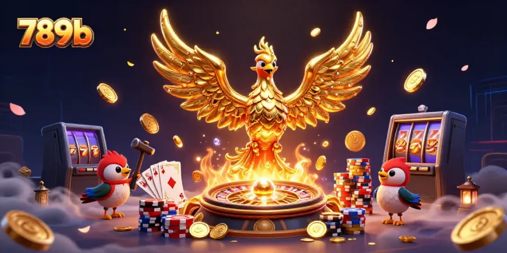Play slots with 789b featuring a golden phoenix amidst cascading coins and casino elements in vibrant detail.