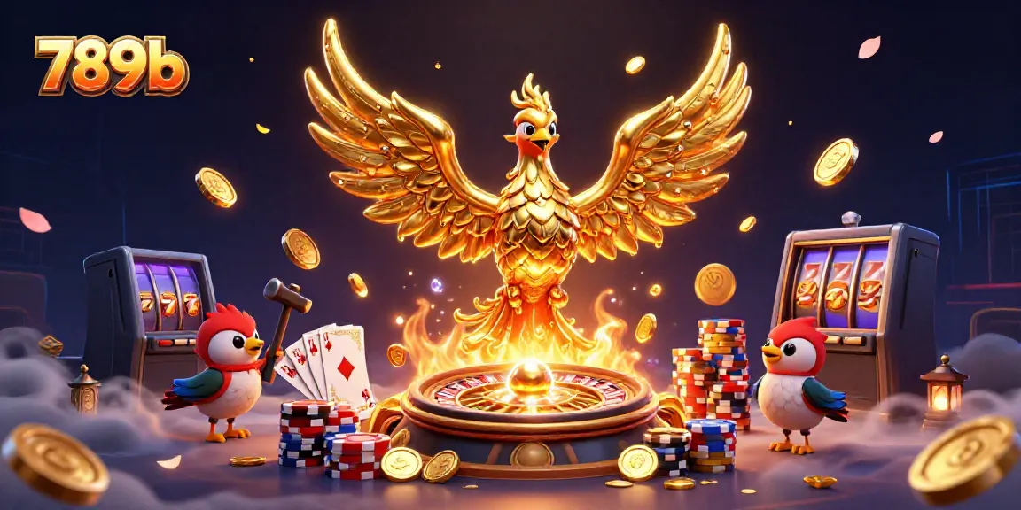 Play slots with 789b featuring a golden phoenix amidst cascading coins and casino elements in vibrant detail.