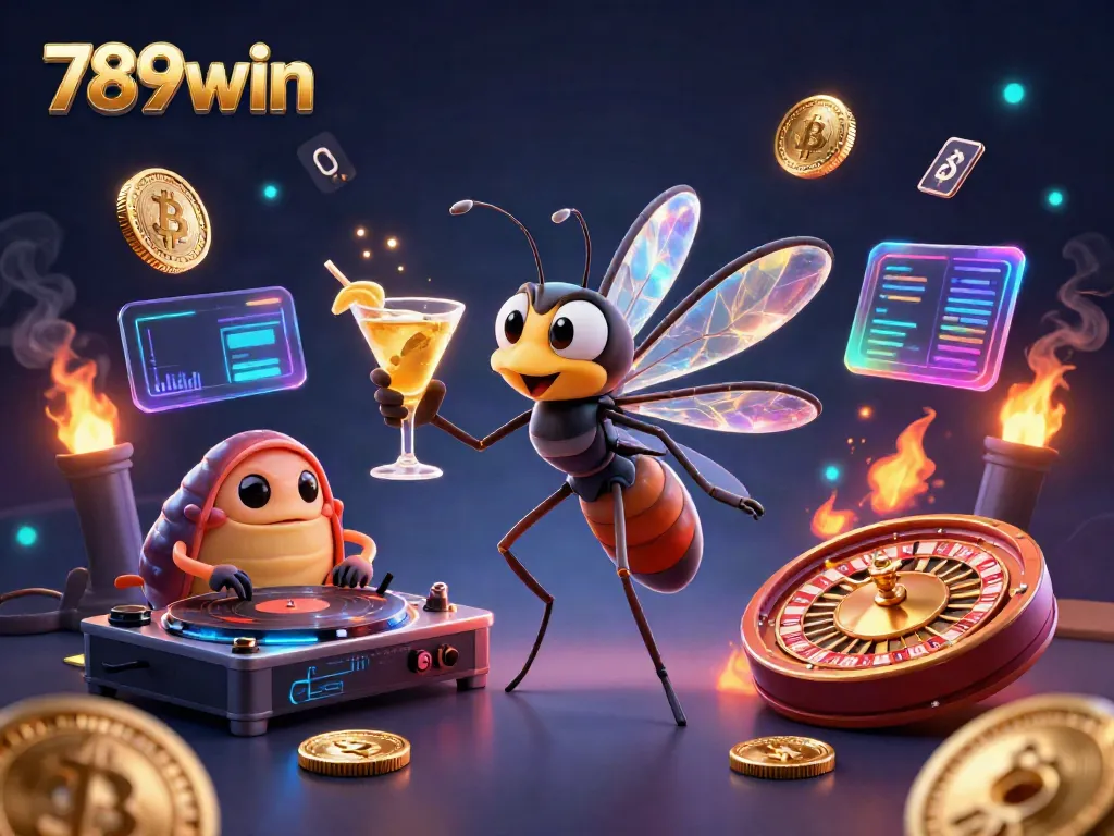 Engage with the vibrant 789win casino world featuring a lively scene with unique characters and glowing crypto elements.