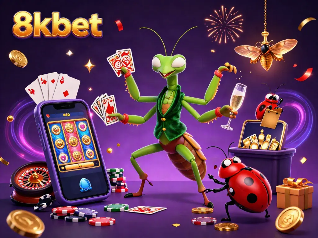 Experience the excitement at 8kbet with lively characters enjoying gaming, celebration, and slots.
