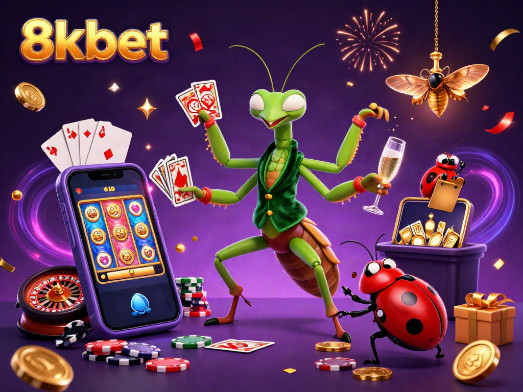 Experience the excitement at 8kbet with lively characters enjoying gaming, celebration, and slots.