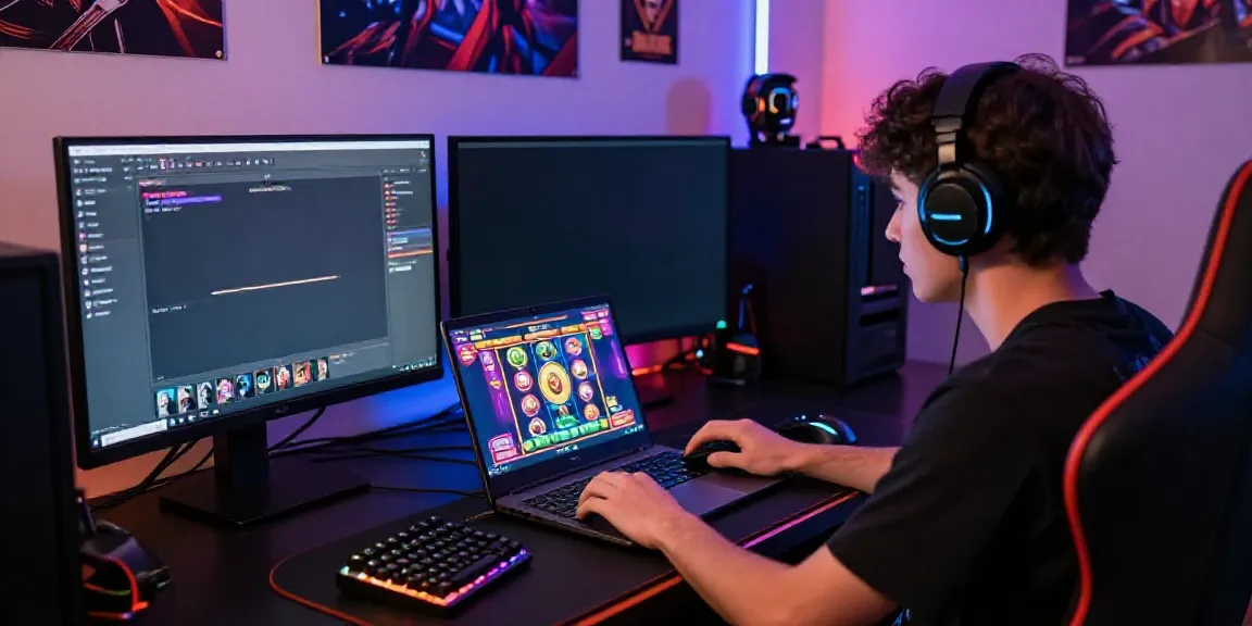 Gamer bermain slot depo 10k di ruang gaming modern dengan aksesori canggih.
