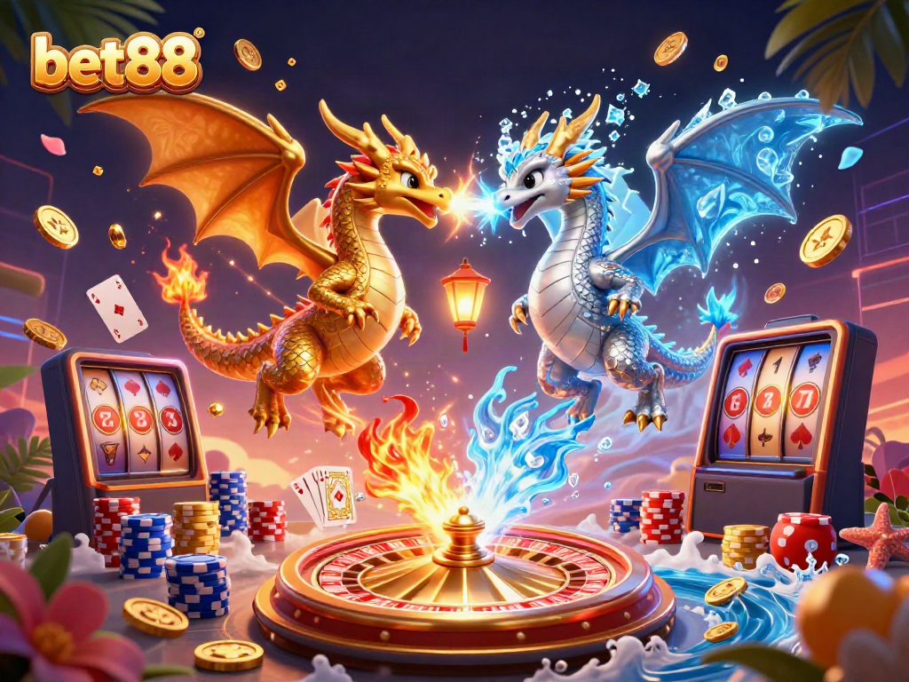 Engage with thrilling gameplay at bet88, showcasing fierce dragon duel and casino elements.