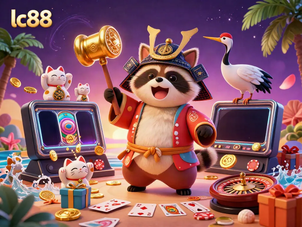 Experience vibrant lc88 excitement with a cheerful tanuki, lucky symbols, and thrilling casino elements.