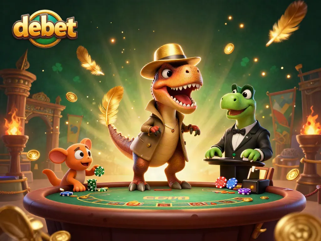Engage with debet gaming excitement featuring a velociraptor and stegosaurus at a blackjack table.