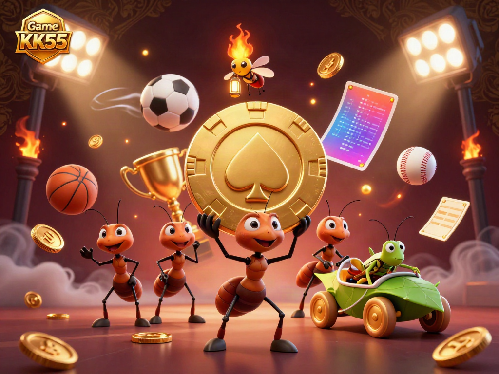 Experience thrilling gameplay with Game KK55 as cartoon ants navigate a heist with golden poker chips amidst dynamic sports action.