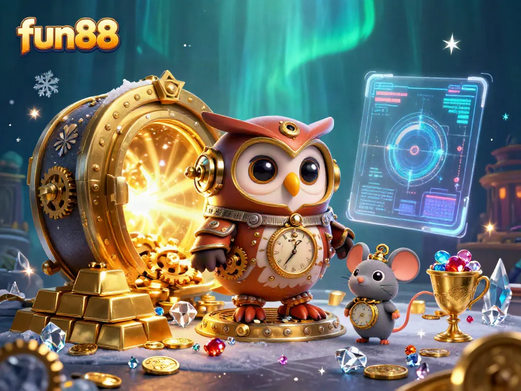 Experience fun88's exciting world with a whimsical owl and treasures of an online casino.