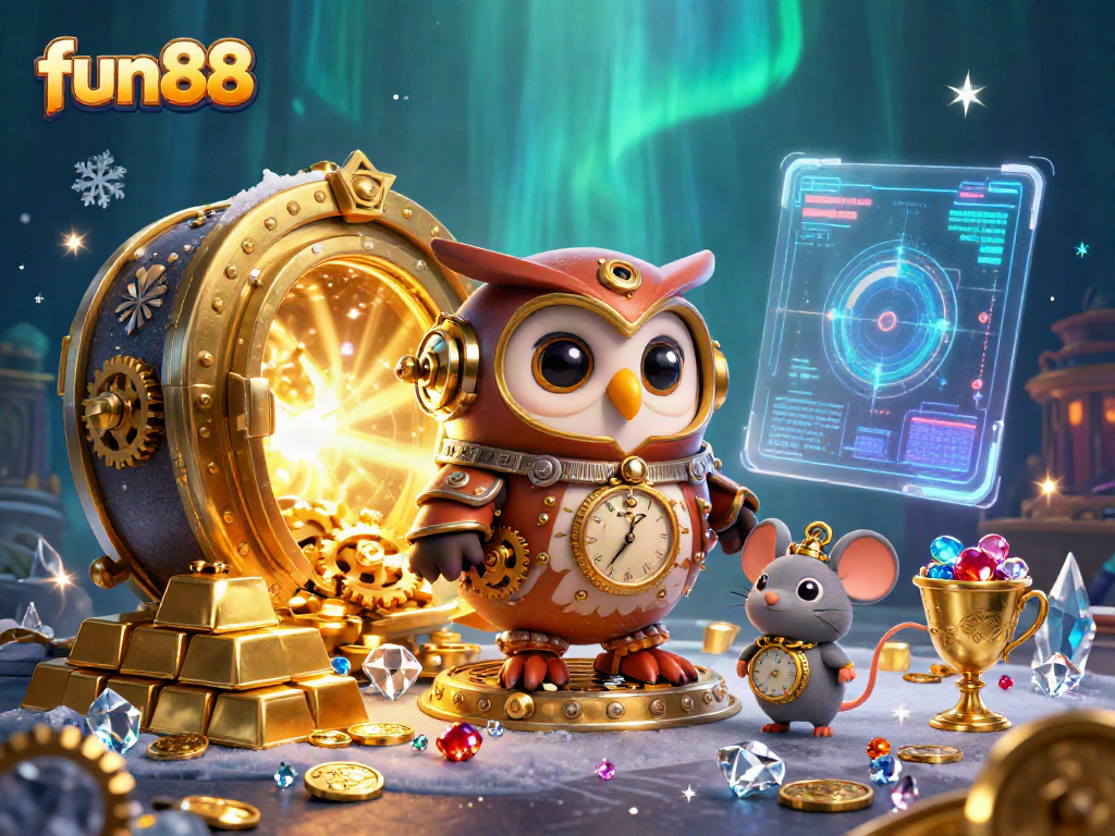 Experience fun88's exciting world with a whimsical owl and treasures of an online casino.