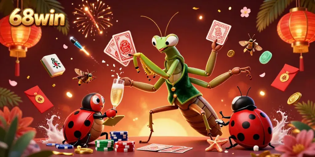 Experience thrilling gaming with 68win as a praying mantis dealer showcases vibrant casino elements.
