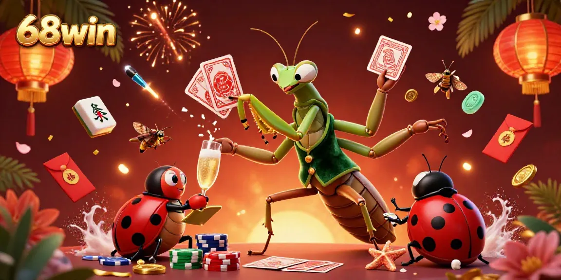 Experience thrilling gaming with 68win as a praying mantis dealer showcases vibrant casino elements.