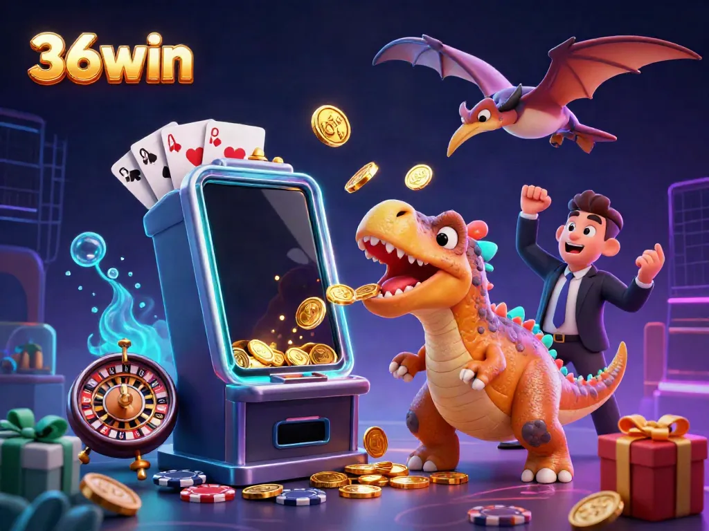 Experience 36win excitement as a dinosaur celebrates jackpot wins by a golden slot machine amid a colorful casino scene.