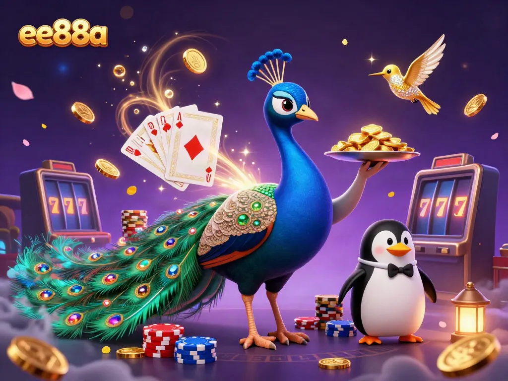 Experience winning excitement with ee88a in a vibrant casino scene featuring a peacock and penguin.