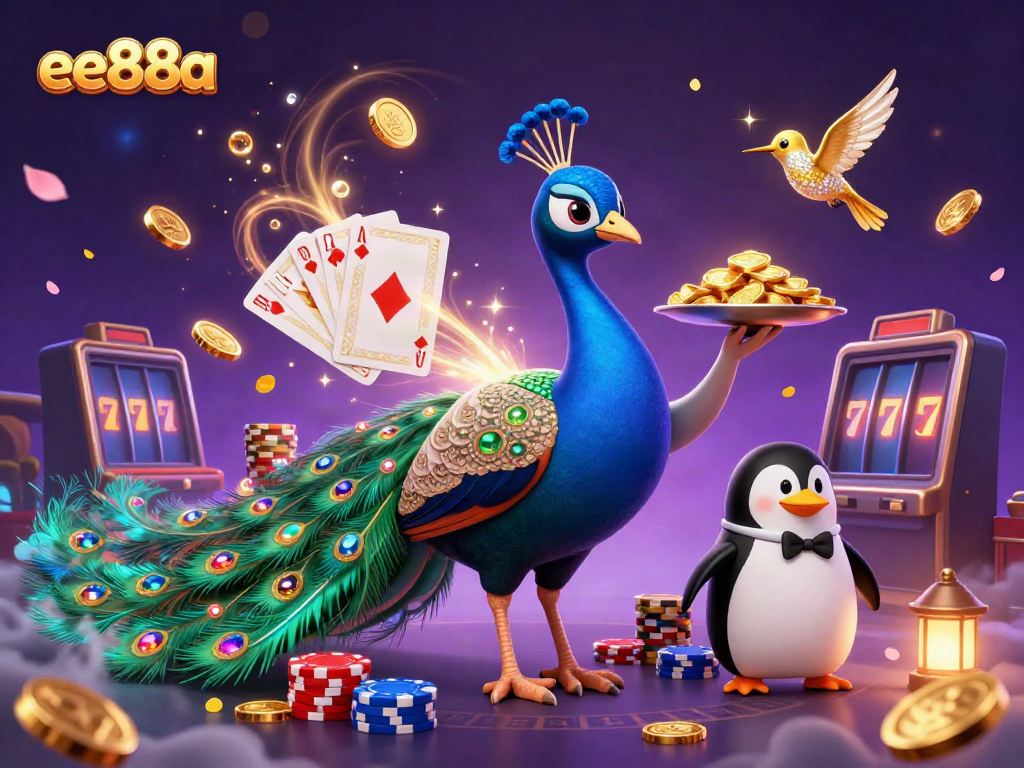Experience winning excitement with ee88a in a vibrant casino scene featuring a peacock and penguin.