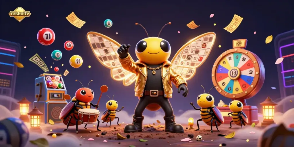 Experience rakhoitv's dynamic online gaming scene with a cartoon rock star, colorful lottery elements, and vibrant atmosphere.