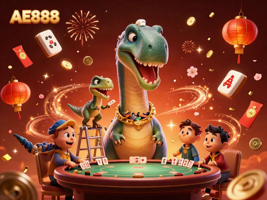 Experience the vibrant AE888 casino scene with a giant brontosaurus and clever raptor at play.