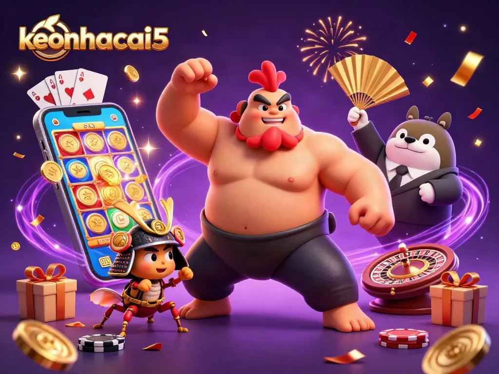 Experience keonhacai5 with a dynamic 3D scene of a powerful sumo wrestler, samurai cricket, and tanuki announcer in a lively sports betting setting.