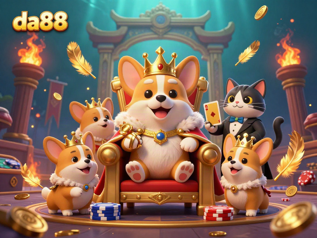 Engage with da88's vibrant casino world featuring a royal corgi on a poker chip throne.
