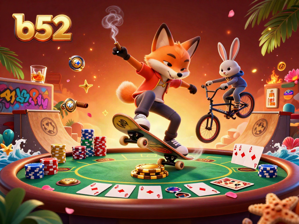 Experience thrilling b52 casino action with a skateboarder fox and BMX rabbit in dynamic gaming scene.