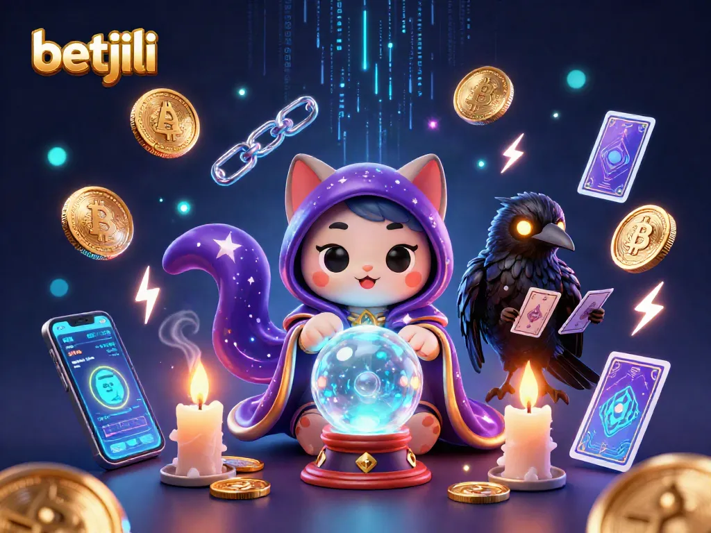 Engage with betjili's animated fortune teller mystic cat and crypto-themed elements in this vibrant casino illustration.