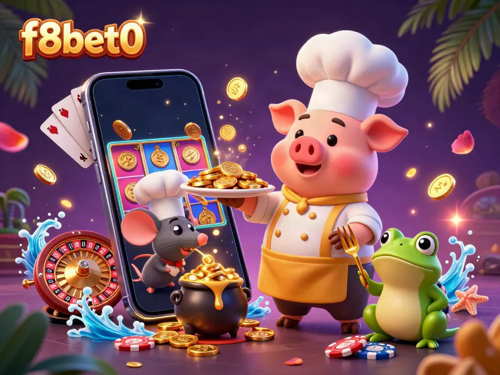 Experience the thrill of f8bet0 with a whimsical casino-themed scene featuring a chef pig, sous-chef mouse, and critic frog.
