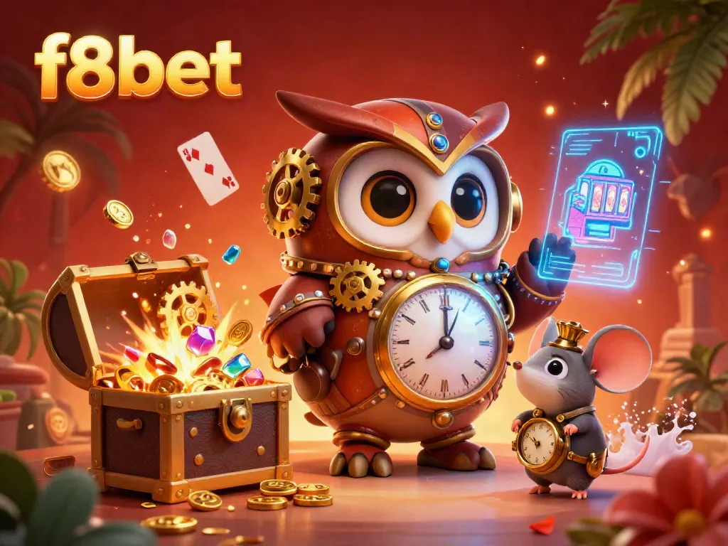 Experience winning moments at f8bet with a dynamic carnival scene of a steampunk owl surrounded by vibrant casino elements.