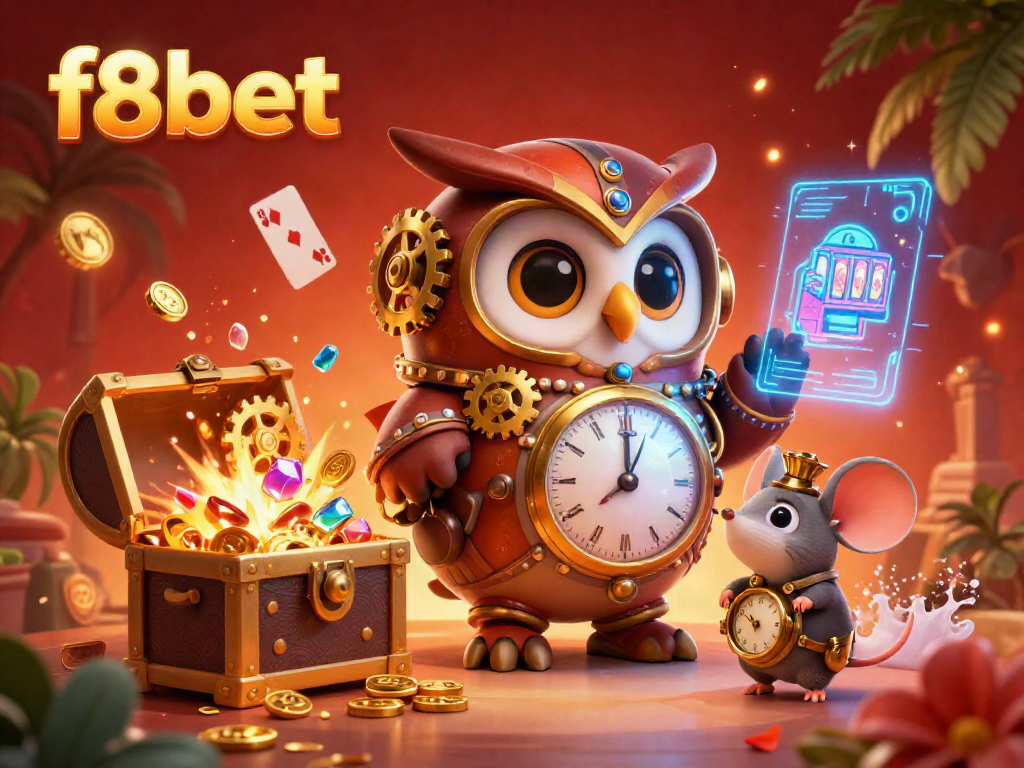 Experience winning moments at f8bet with a dynamic carnival scene of a steampunk owl surrounded by vibrant casino elements.