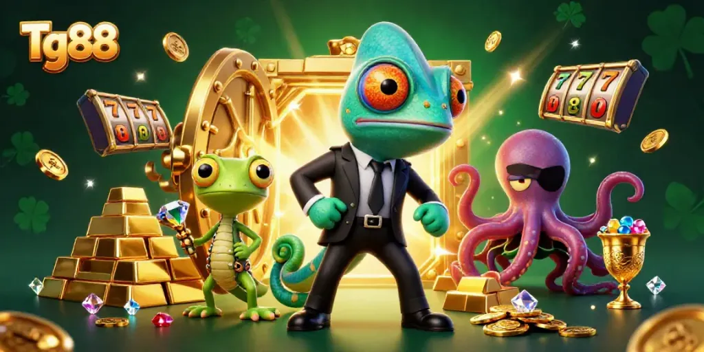 Tg88 gaming scene showcasing exciting online casino action with extravagant characters and treasures.