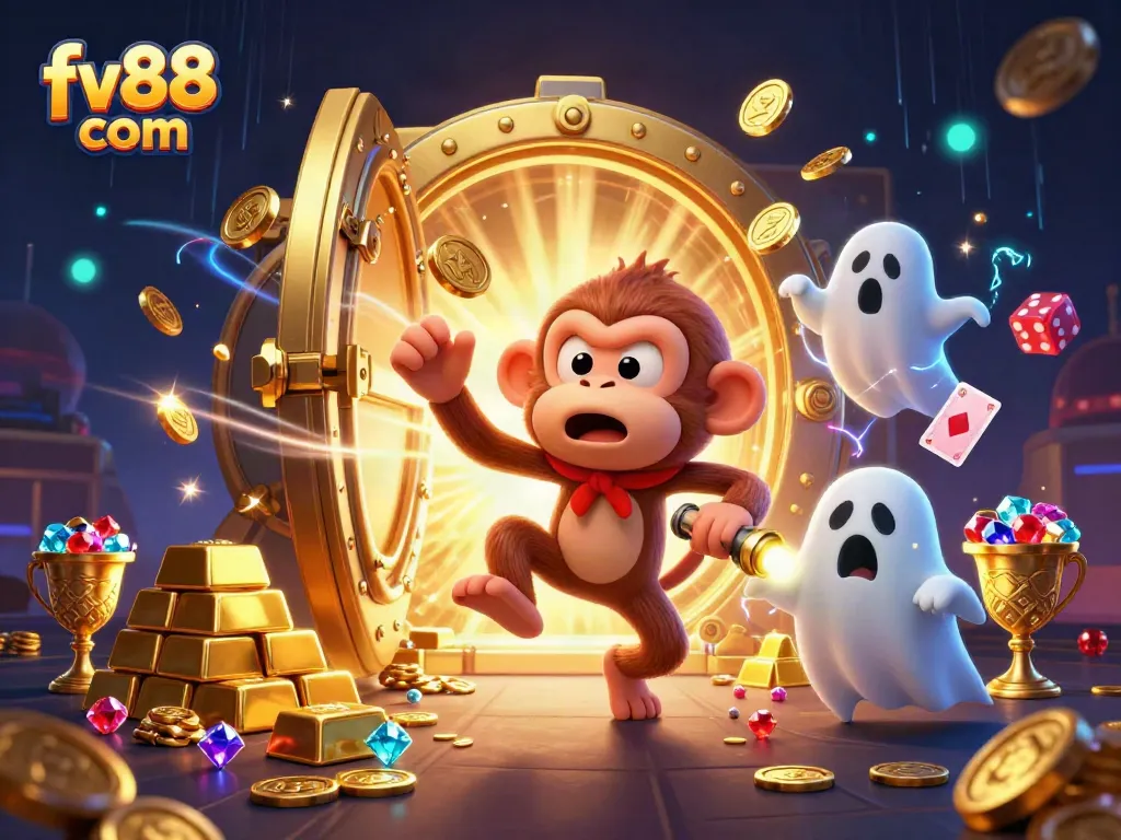 Engage with the vibrant world of fv88 com featuring a playful ghost-monkey juggling treasures in a haunted casino.