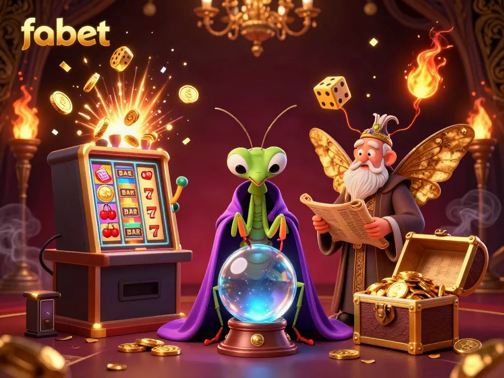 Experience the vibrant excitement at fabet, featuring a mystical scene of fortune tellers, slots, and winnings galore.