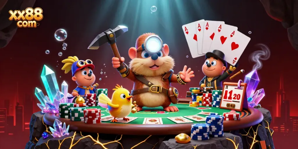 Experience the excitement of gaming at xx88 com with an illustration of a treasure hunter mole and canary in a dynamic casino scene.