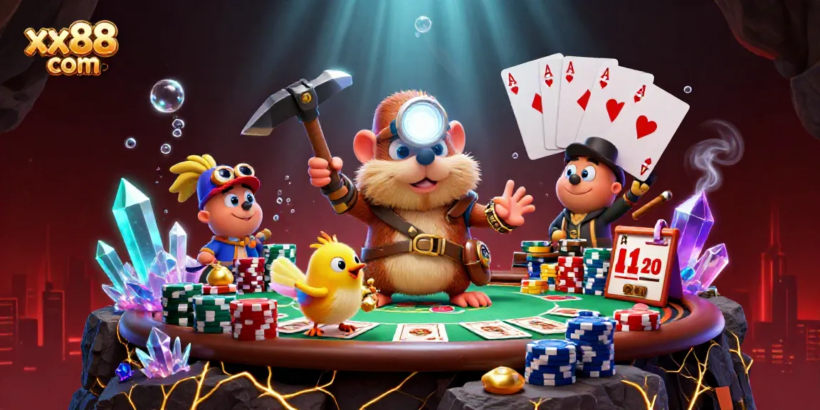 Experience the excitement of gaming at xx88 com with an illustration of a treasure hunter mole and canary in a dynamic casino scene.