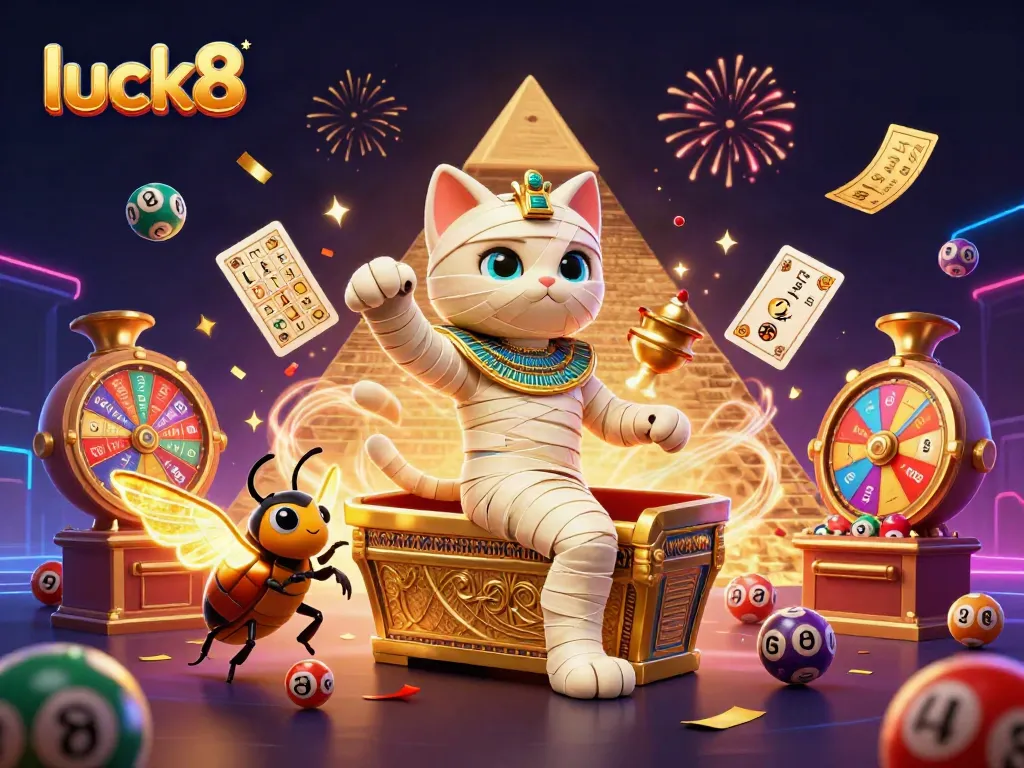 Experience luck8 with an Egyptian mummy cat in a vibrant casino scene filled with games and excitement.