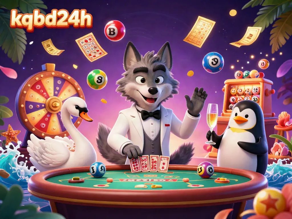 Engaging kqbd24h casino scene with a debonair wolf, a swan dealer, and a penguin sommelier amidst lottery elements.