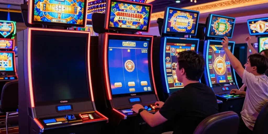 Exciting slot gacor gaming scene with vibrant machines and players enjoying their games.