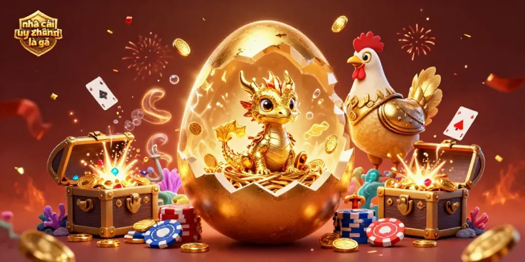 Engage with nhà cái uy tín là gì as the golden dragon and hen guard a poker chip nest in a vibrant casino scene.