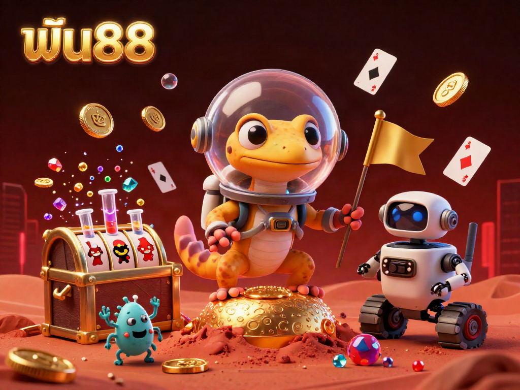 Engage in thrilling gaming adventures at ฟัน88 with a vibrant scene depicting a Martian gecko discovering an alien casino.