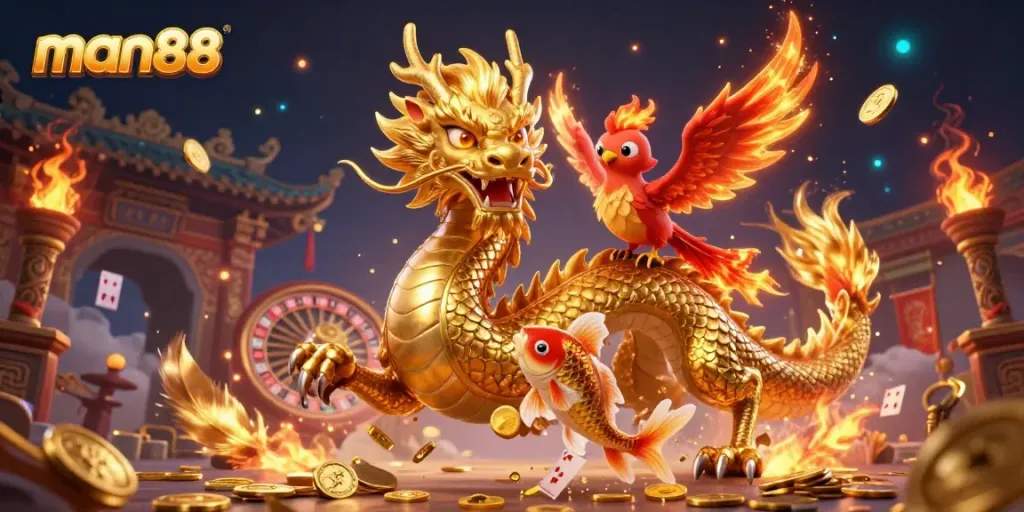 Engage with man88 for thrilling gameplay featuring a golden dragon and phoenix amidst a vibrant casino atmosphere.