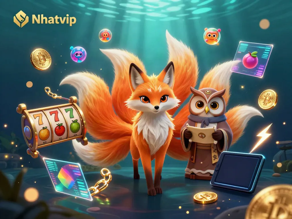 Nhatvip showcases a vibrant cartoon scene of a nine-tailed fox spirit alongside an owl sage, symbolizing fun and fortune in gambling.
