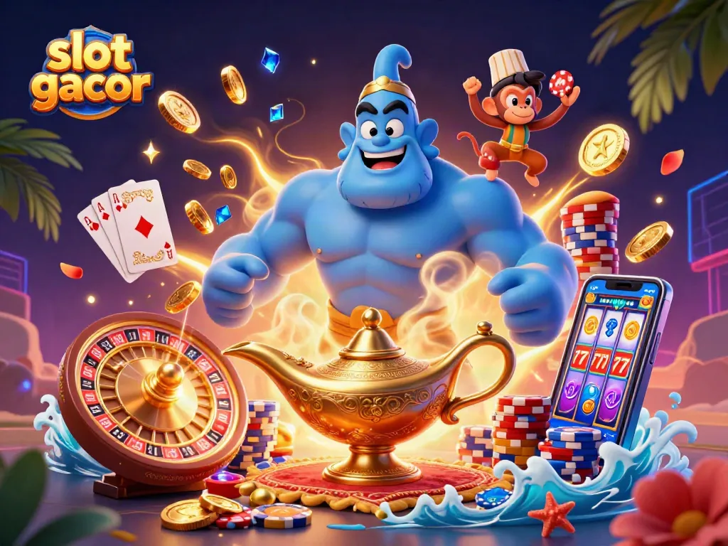 Experience slot gacor excitement with a genie, monkey, and riches in 3D casino art.