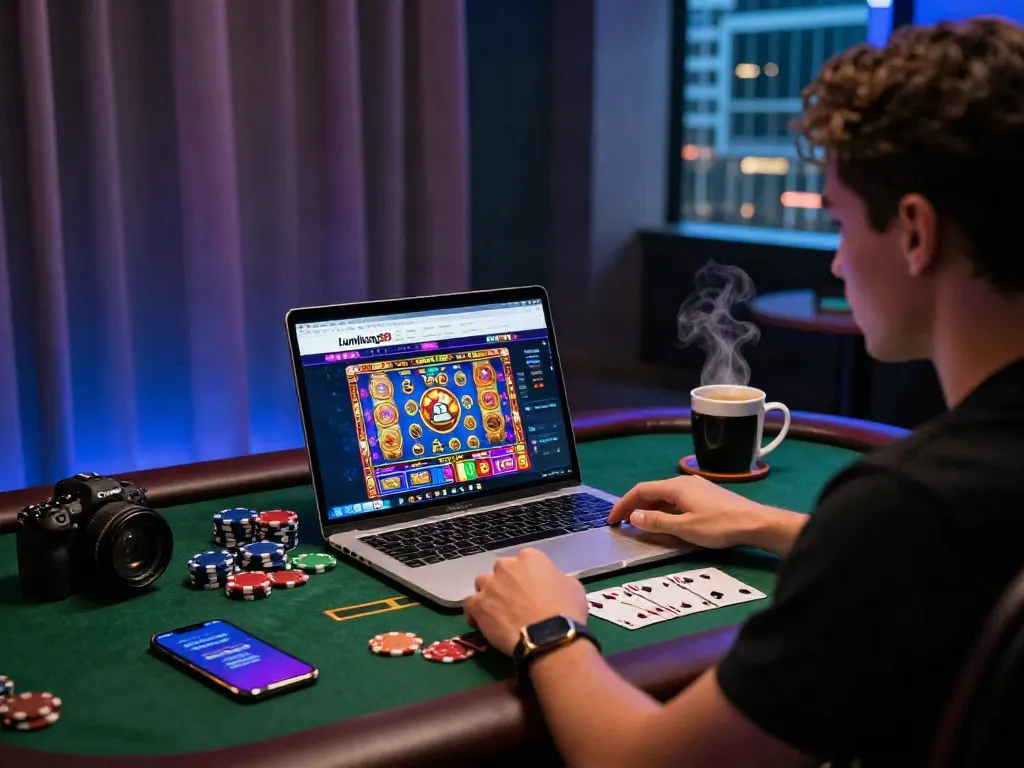 Engaging gaming environment with user enjoying Lumbung88 online slots and vibrant colors.