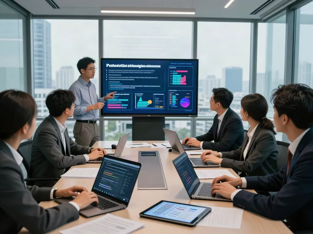 Cybersecurity team discussing strategies against pecah404 vulnerabilities in a modern office.