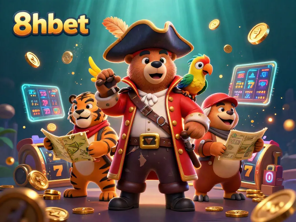 Experience thrilling games with 8xbet’s vibrant casino scene featuring a pirate bear and jackpot excitement.