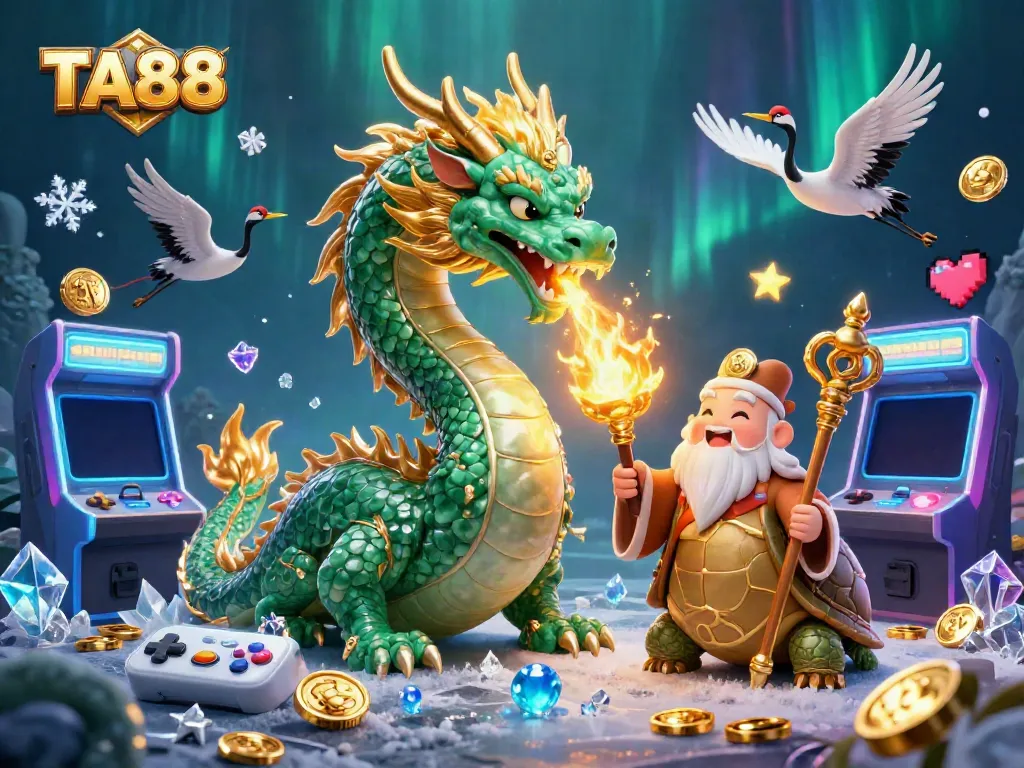 Experience winning with TA88's vibrant gaming scene featuring a jade dragon and lucky cranes.
