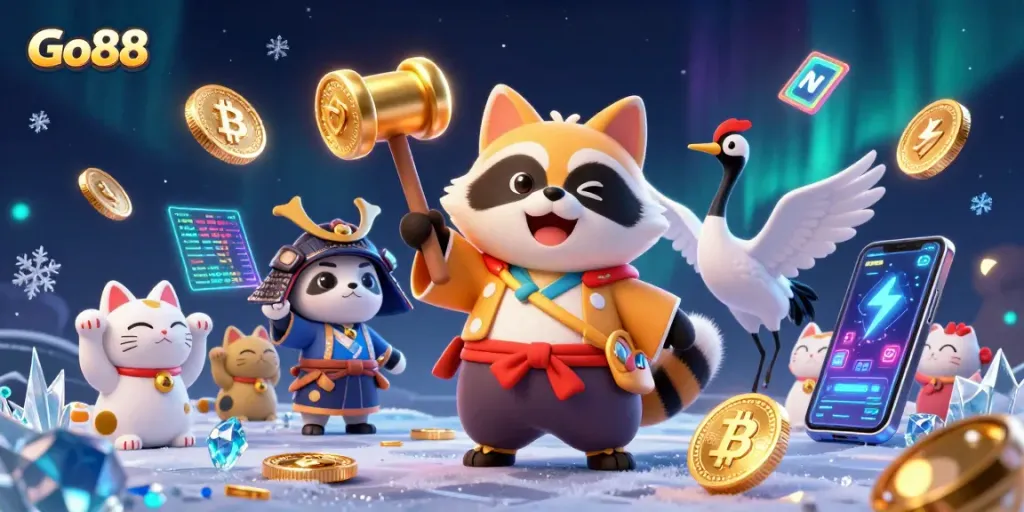 Engage with Go88 in a vibrant casino scene featuring cheerful tanuki, crane, and waving fortune cats.