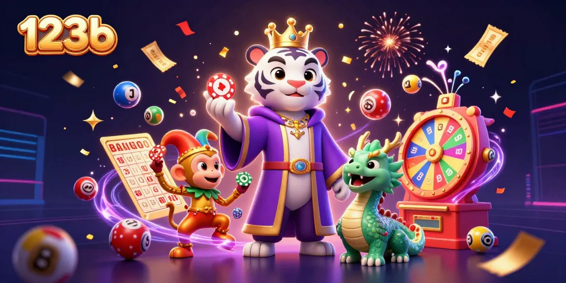Engaging scene showcasing 123b's vibrant casino atmosphere with characters and festive elements.