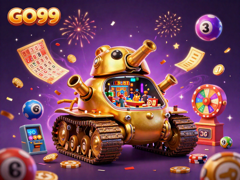 Engage with GO99's vibrant casino and lottery scene featuring a spectacular golden beetle tank.