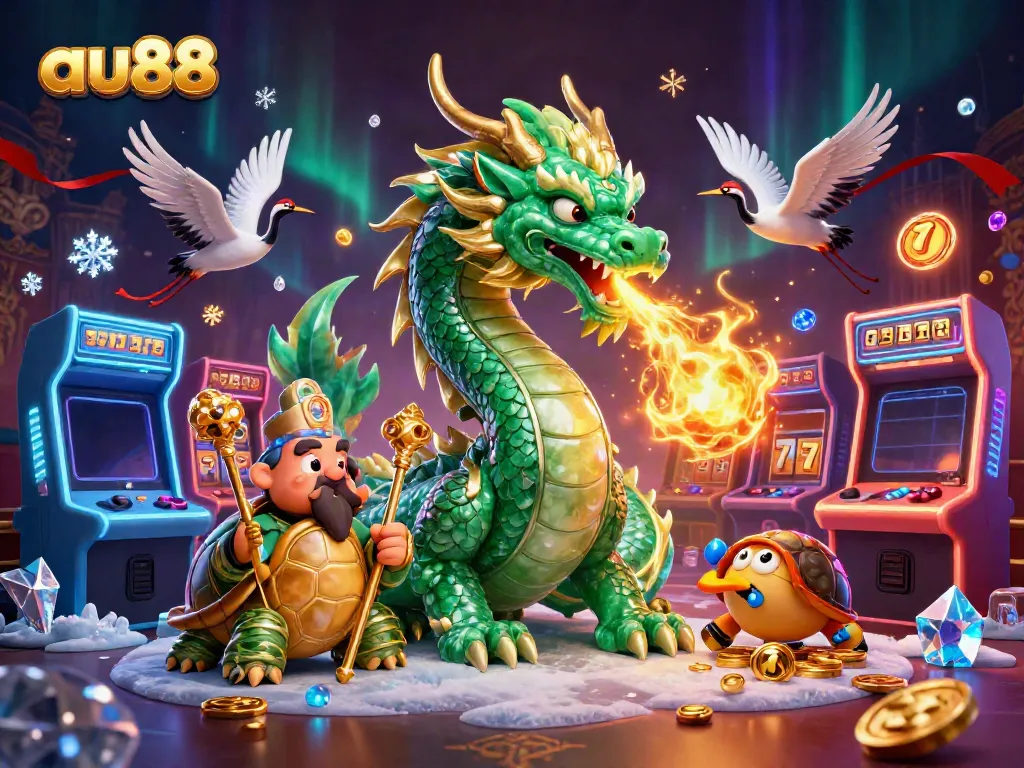 Engage with the thrilling world of au88 casino, featuring a majestic jade dragon and slot games.