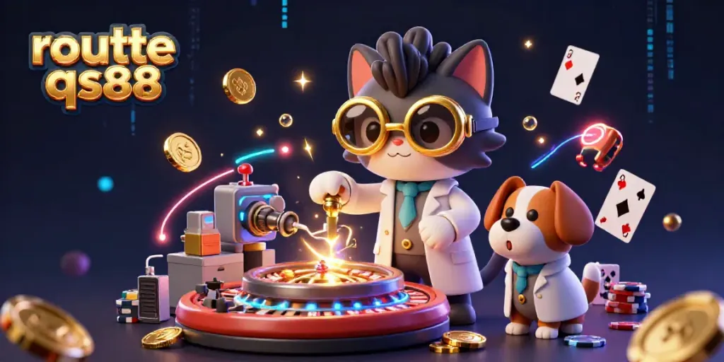 Engage in roulette qs88 with a whimsical 3D illustration of a mad scientist cat and dog amidst vibrant casino elements.