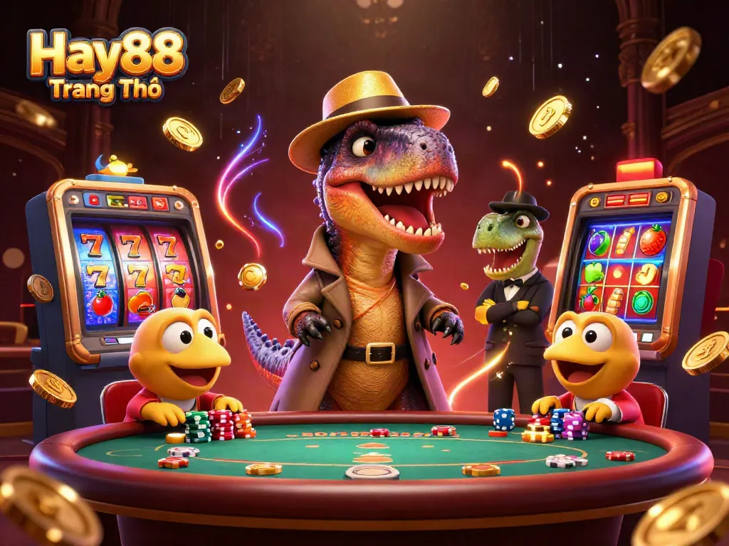Experience Hay88 Trang Chủ with a playful velociraptor at a blackjack table, captured in a dynamic 3D illustration.