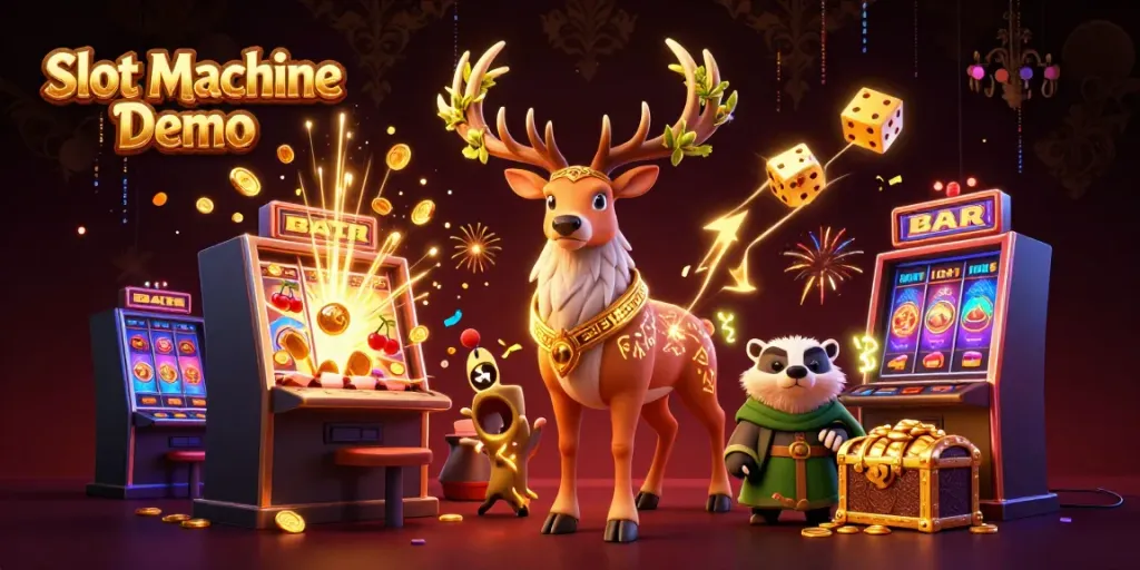 Experience the Slot Machine Demo with captivating 3D characters amidst a jackpot explosion, featuring vibrant casino elements.